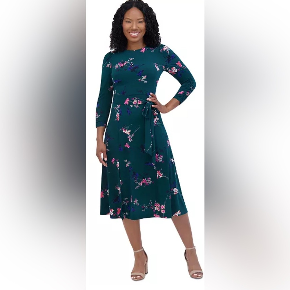 Petite Printed 3/4-Sleeve Belted Midi Dress Color: Green Size 14P